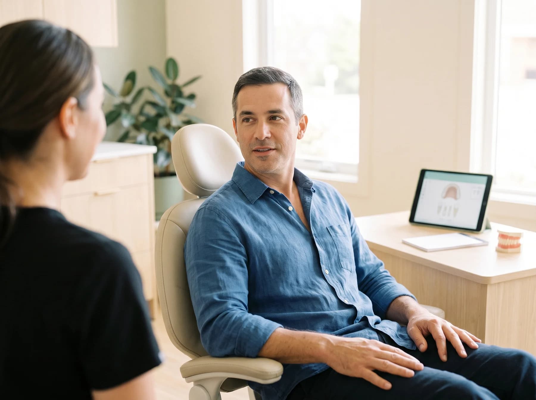 Illustrative portrait of an adult in a calm dental consultation room.