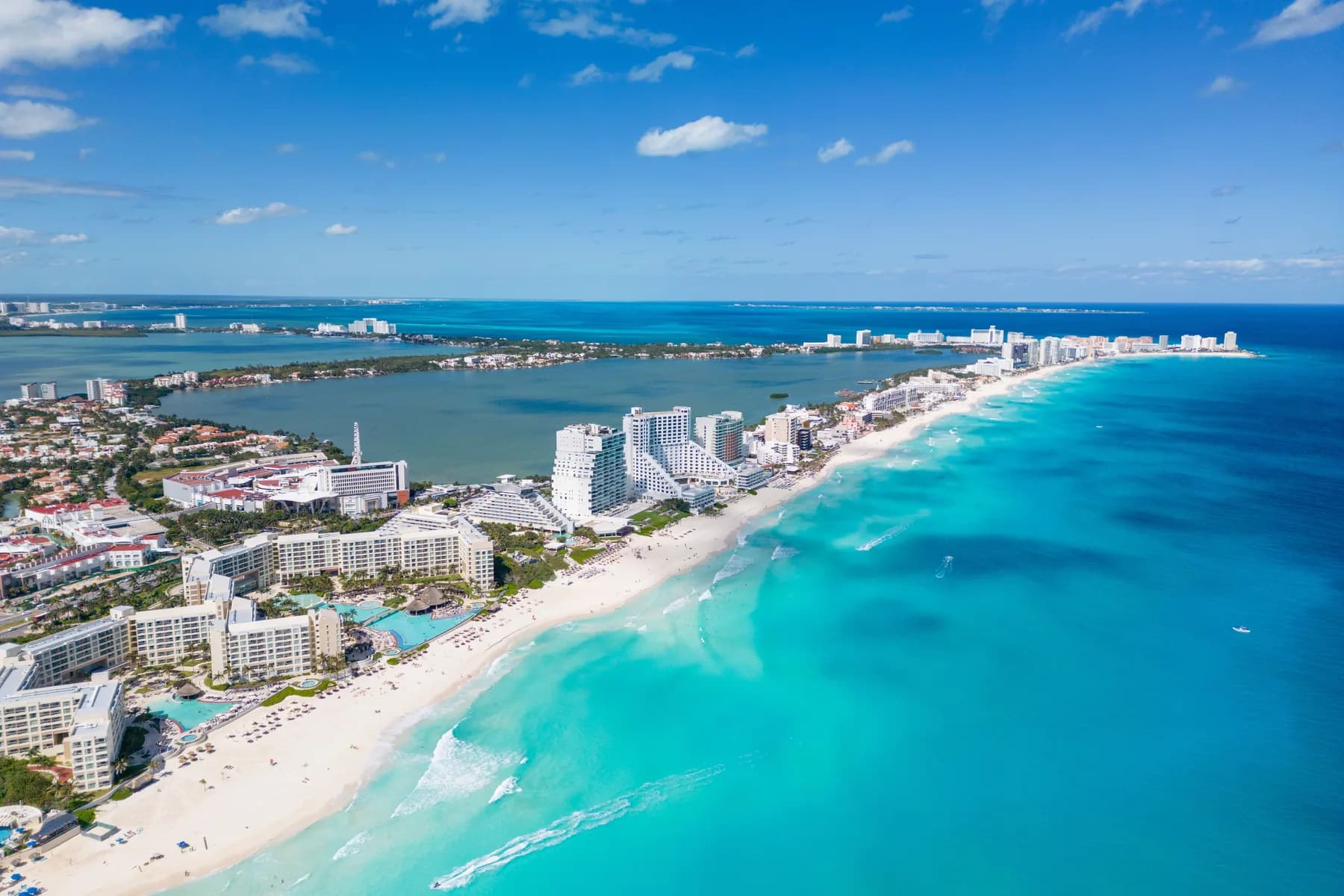 Cancún’s Hotel Zone curves between the Nichupté Lagoon and the Caribbean Sea in Cancún, Mexico.