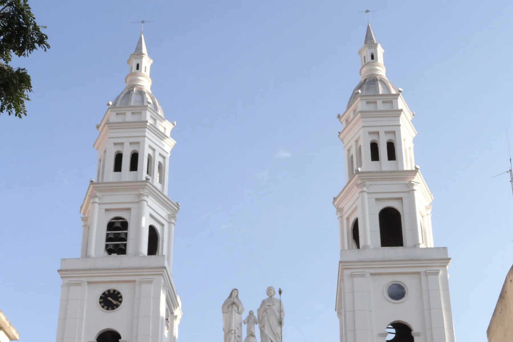 The twin spires and upper bell towers of Catedral de la Sagrada Familia in Bucaramanga, Colombia.