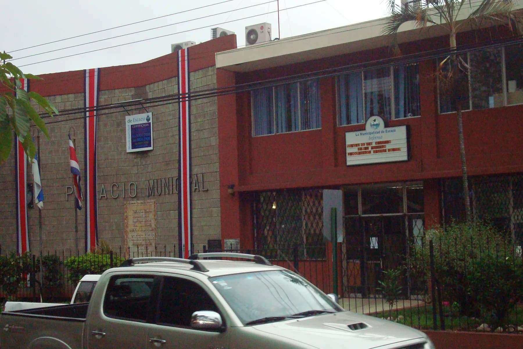 Escazú Municipal Palace with Costa Rican colors and its official building sign in the city center.