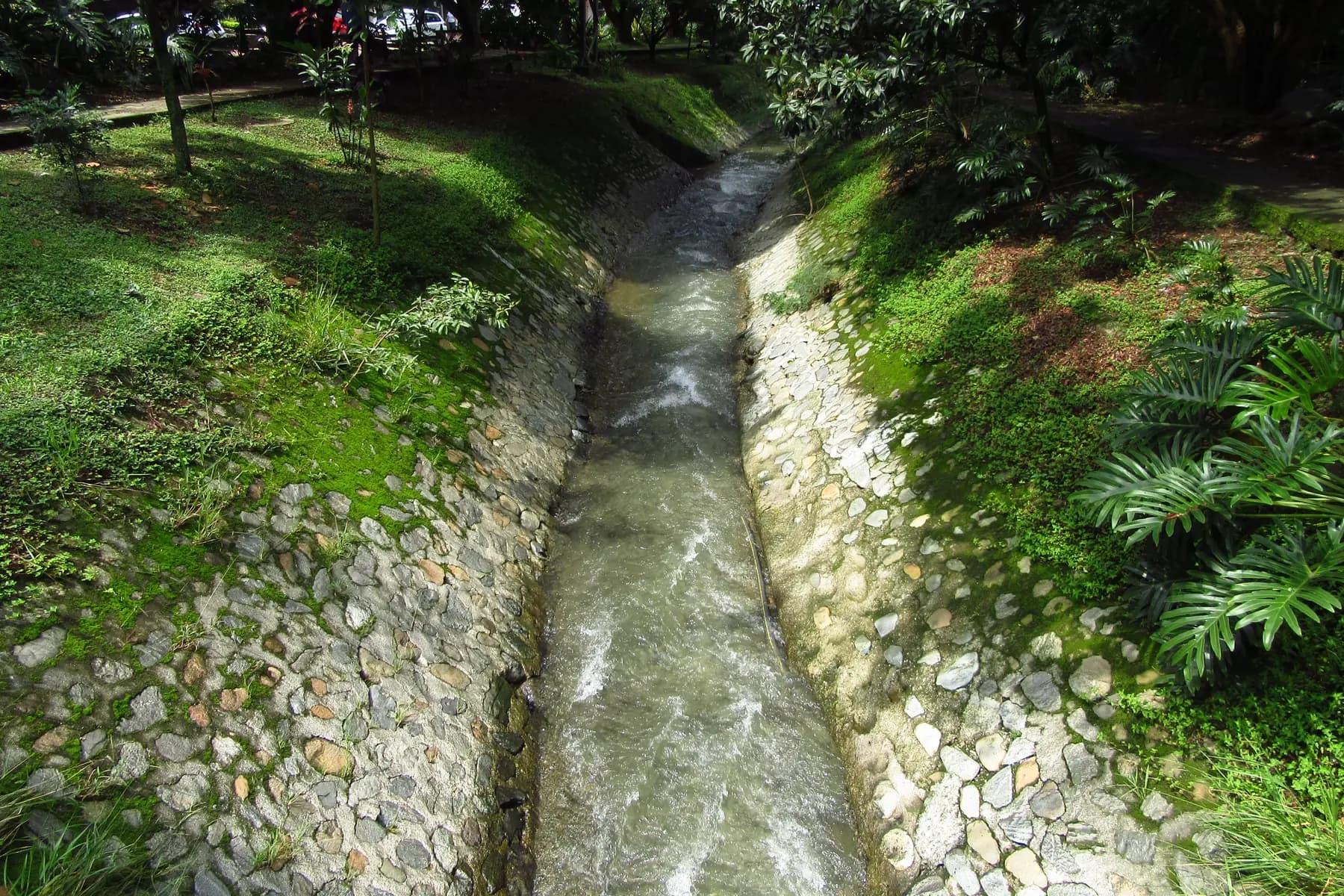 The channeled Quebrada La Presidenta and its wooded banks in El Poblado, Medellín.