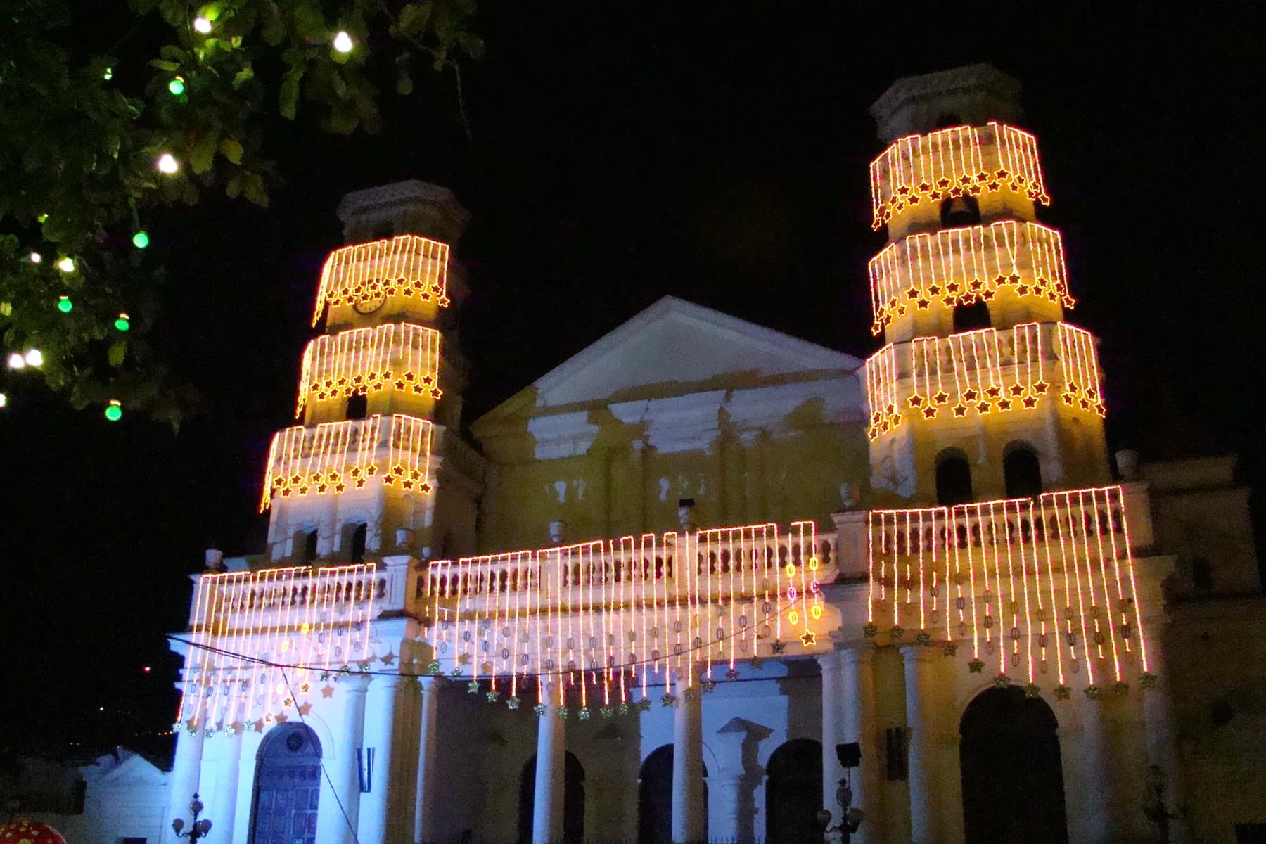 Santa Gertrudis church lit for the holidays in Envigado.
