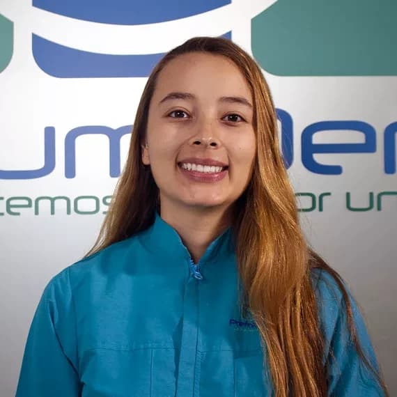 Nathalia Lopez beside Premium Dental branding
